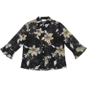 C.B. Collections Blouse Set Womens M Black Floral Sheer Button Down 2 Piece